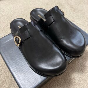 Bernardo Black Mules with Gold Buckle